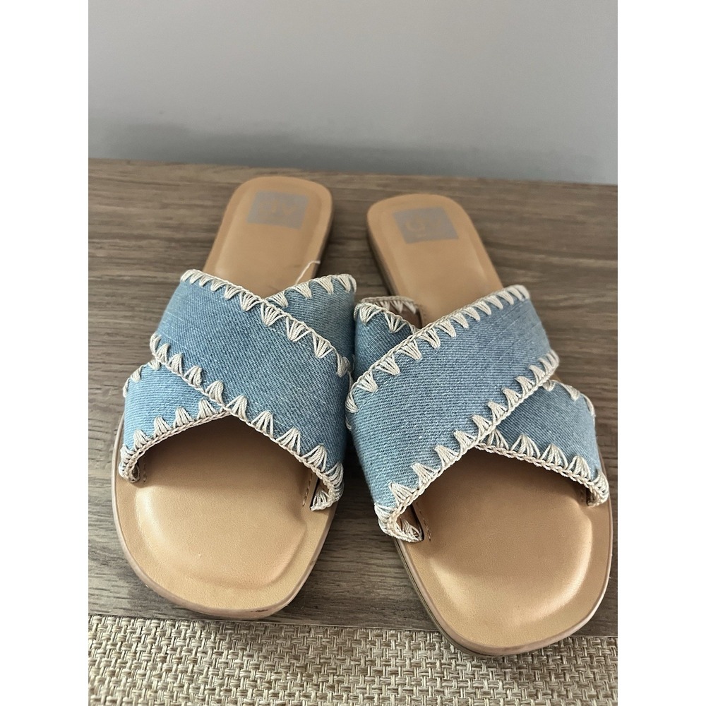 Dolce Vita Women's 8.5 Denim Slide Sandals Blue Slip On Cross Cross Shoes W2
